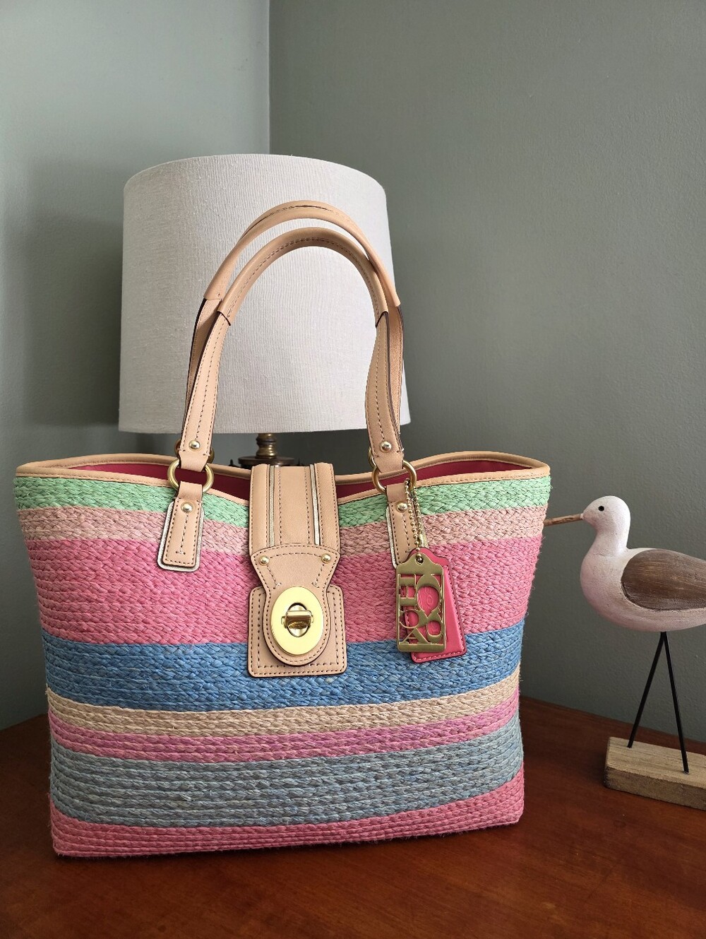 Coach 19361 Hamptons Multicolor Striped Straw Tote Bag Pink Blue Tan Leather Y2K